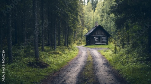 Road leading to a hidden cabin in a pine forest, mysterious and inviting