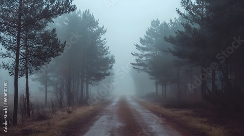 Foggy forest road surrounded by pine trees, eerie and atmospheric photo