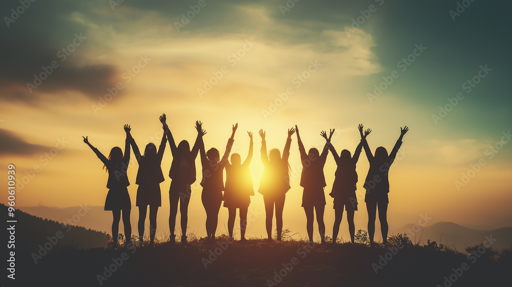 Group of friends raising hands in celebration on mountain peak at sunrise, team unity, victory, accomplishment, outdoor adventure, hiking together, friendship, silhouette, morning light Group of friends raising hands in celebration on mountain peak at sunrise, team unity, victory, accomplishment, outdoor adventure, hiking together, friendship, silhouette, morning light