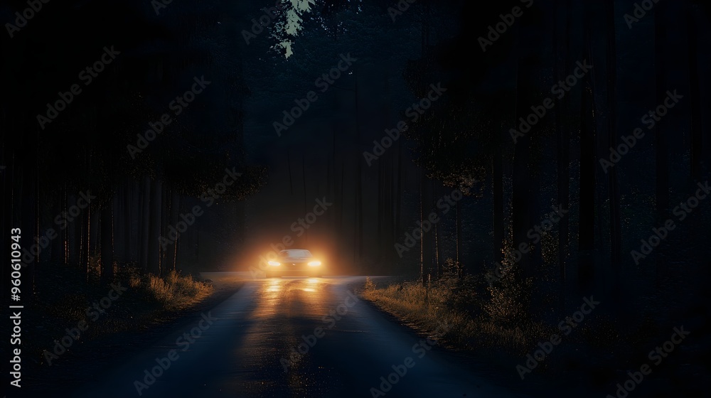 Obraz premium Night road in pine forest, car headlights illuminating the path, mysterious and adventurous