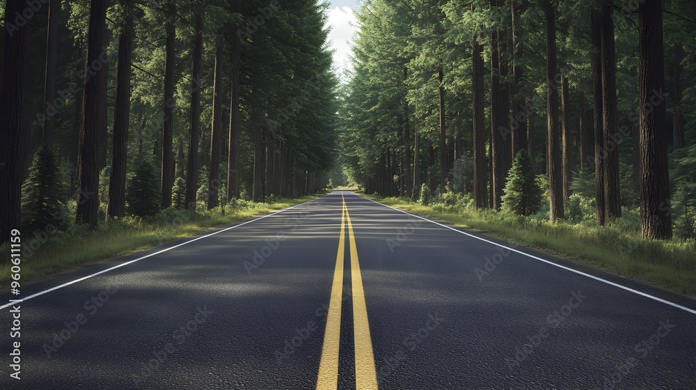 Road with pine forest on one side and open field on the other, contrast and balance Road with pine forest on one side and open field on the other, contrast and balance