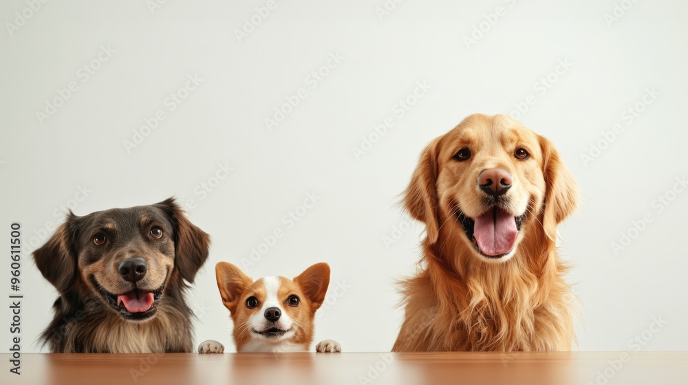 Adorable trio of dogs, a Greyhound, Corgi, and Golden Retriever, sitting together with happy expressions, against a plain background. Adorable trio of dogs, a Greyhound, Corgi, and Golden Retriever, sitting together with happy expressions, against a plain background.