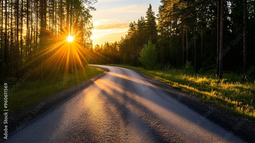 Fototapeta premium Sunset over a road in pine forest, golden light creating a magical scene