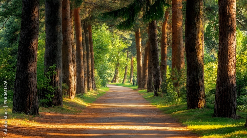 Fototapeta premium Pathway through pine forest park, inviting and serene for a stroll
