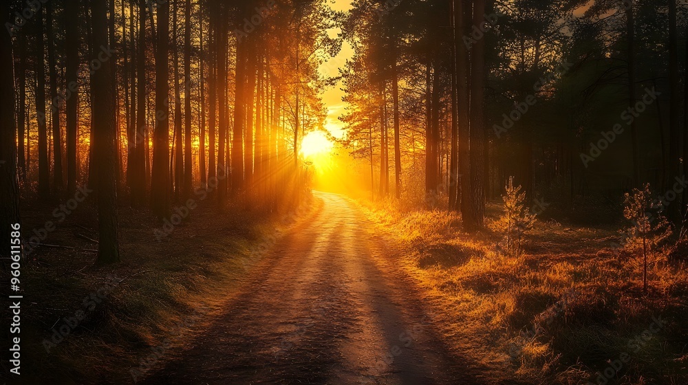 Fototapeta premium Sunset over a road in pine forest, golden light creating a magical scene