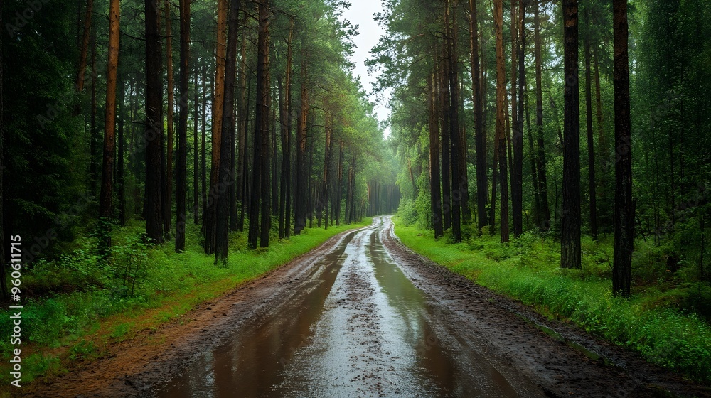 Quiet road after rain in pine forest, fresh and rejuvenating Quiet road after rain in pine forest, fresh and rejuvenating