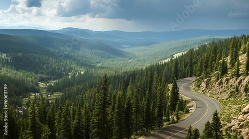 Scenic overlook with a road winding through pine forest below, panoramic beauty