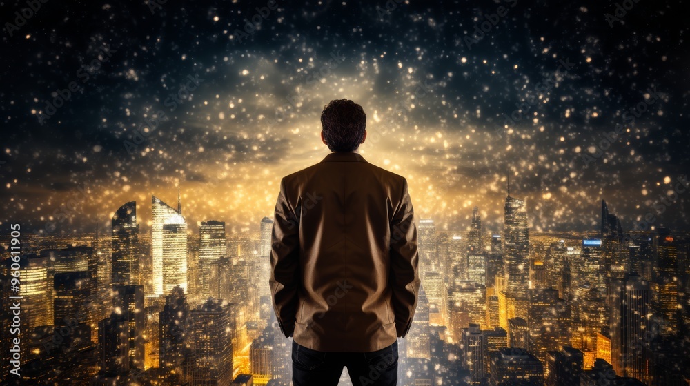 Fototapeta premium Man enjoying the distant view of the illuminated cityscape at night, depicted from behind