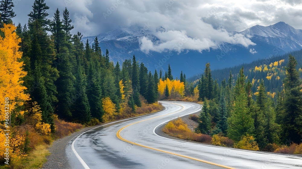 Winding road in mountainous pine forest, rugged and challenging