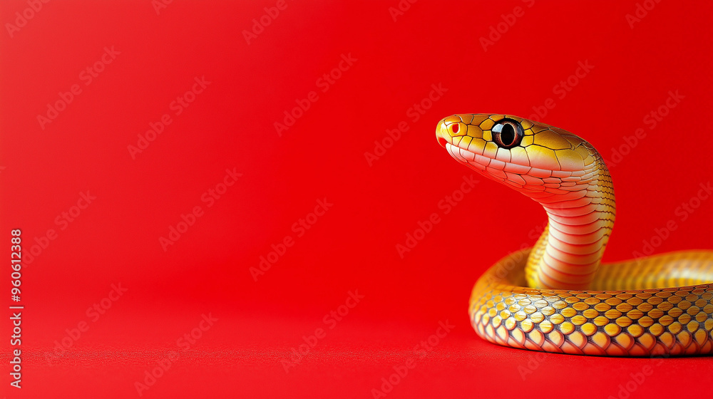 Cute little snake sitting on red background on right side. Chinese New Year 2025