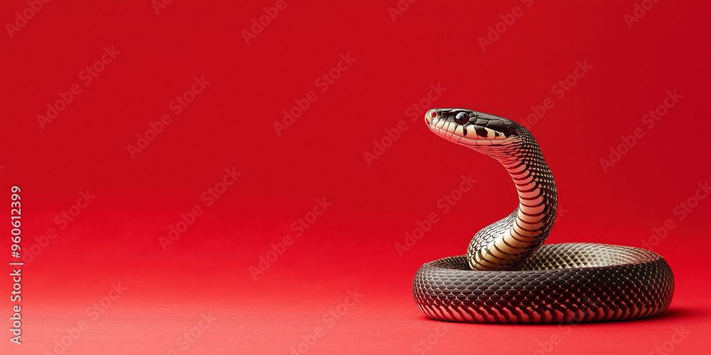 Fototapeta premium Cute little snake sitting on red background on right side. Chinese New Year 2025