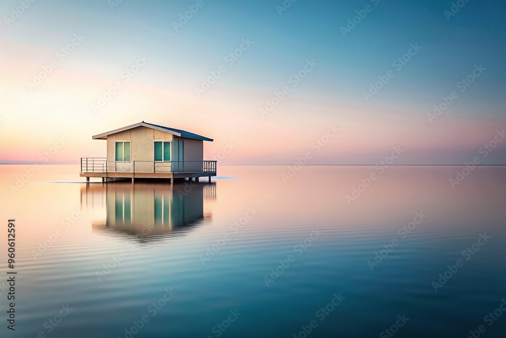 Minimalist Floating House Reflected in Serene Pastel Hued Mirrored Water Wide Angle, Water, Floating, Pastel, Wide-Angle, Serene, Hued,Minimalist, House Minimalist Floating House Reflected in Serene Pastel Hued Mirrored Water Wide Angle, Water, Floating, Pastel, Wide-Angle, Serene, Hued,Minimalist, House