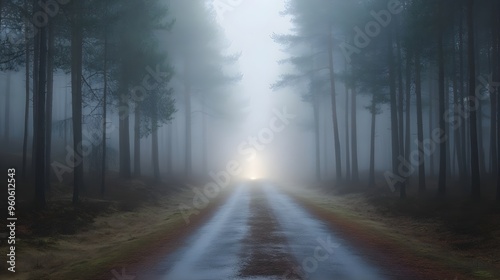 Road through foggy pine forest, headlights piercing the mist, mysterious and ethereal