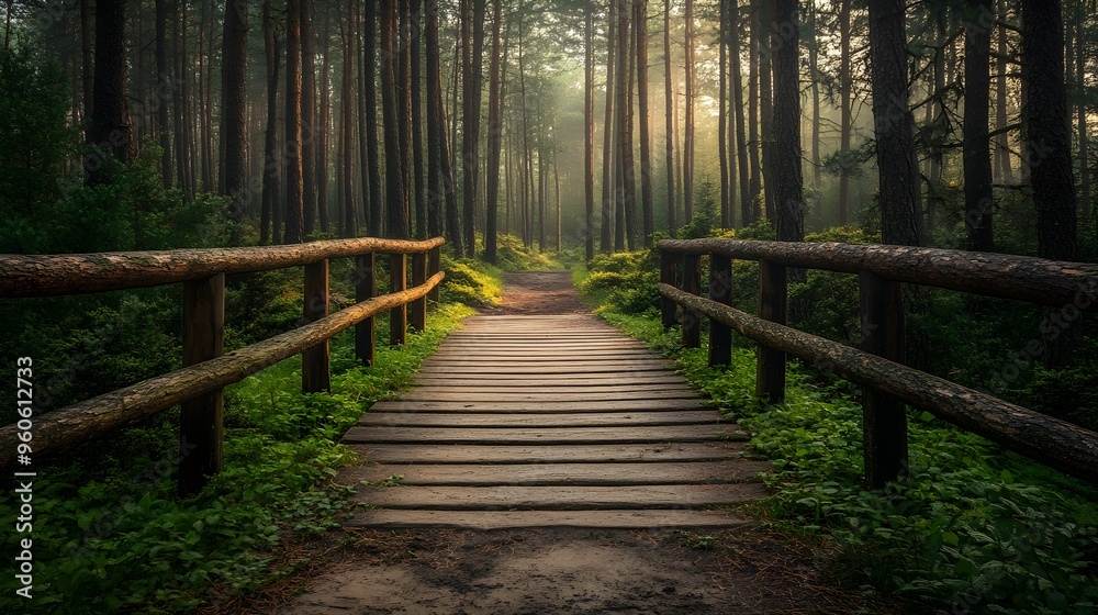 Fototapeta premium Path in a pine forest leading to a wooden bridge, enchanting and serene