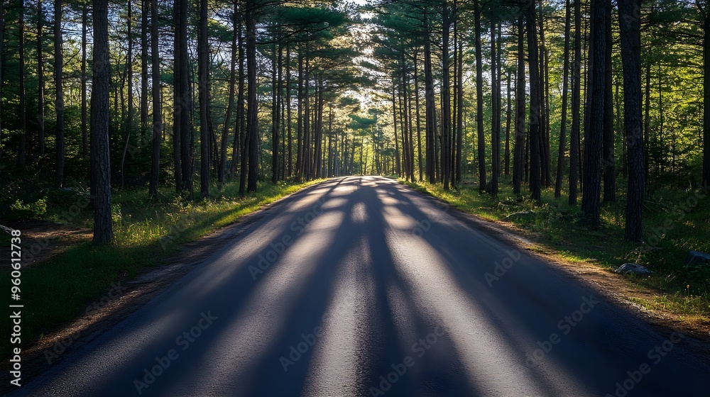 Fototapeta premium Road with shadows of tall pines creating a pattern, artistic and captivating