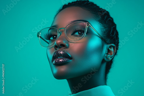 Trendy Lifestyle Portrait of Woman with Light Gray Eyewear and Solid Neon Teal Modern Fashion Background