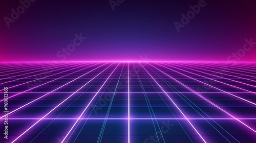 Futuristic retrowave style illustration of neon light grid. Neon grid background in purple, pink and blue color.