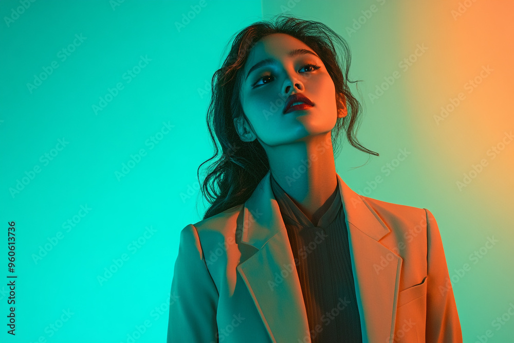 Elegant Woman in Beige Suit with Solid Neon Aqua Chic Fashion Lifestyle Portrait Background Elegant Woman in Beige Suit with Solid Neon Aqua Chic Fashion Lifestyle Portrait Background