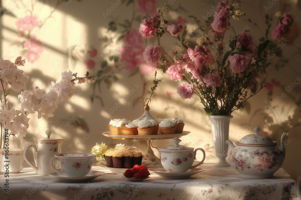 still life with tea and flowers still life with tea and flowers