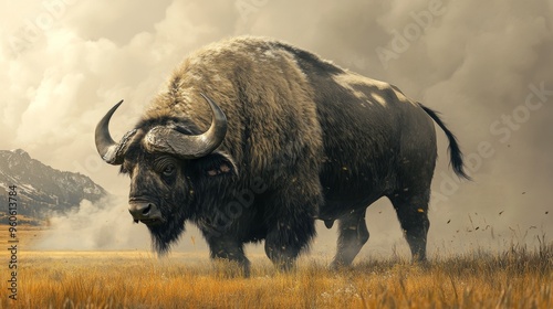 A buffalo, in a relaxed grazing posture, uses its robust jaws to pull at the grass, embodying the fundamental rhythm of nature and the life cycle. photo