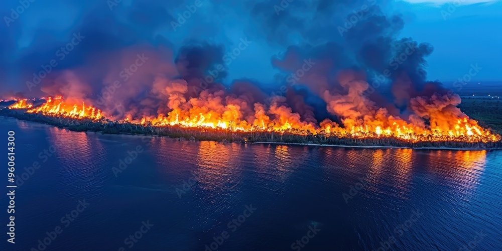 Fototapeta premium Massive wildfire engulfing forest along a riverbank during dusk