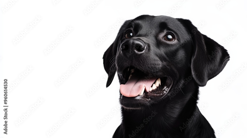 Close-up of a happy black Labrador retriever looking up with a joyful expression on a white background.