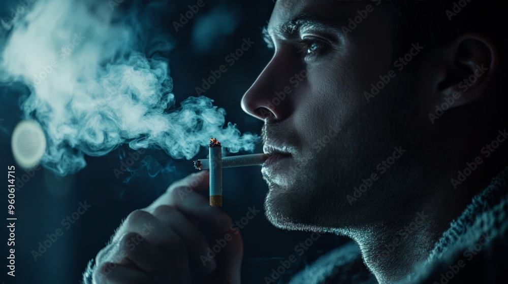 Fototapeta premium Man with a smoking habit, dealing with lifestyle-related health problems, dark atmosphere