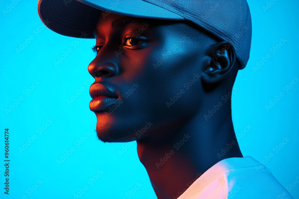 Trendsetting Mens Light Gray Cap with Solid Neon Blue Chic Lifestyle Portrait Background Trendsetting Mens Light Gray Cap with Solid Neon Blue Chic Lifestyle Portrait Background