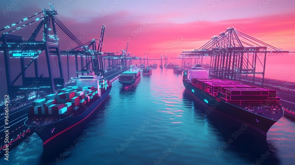 Autonomous cargo ships in a smart port, depicting the future of shipping. Autonomous cargo ships in a smart port, depicting the future of shipping.