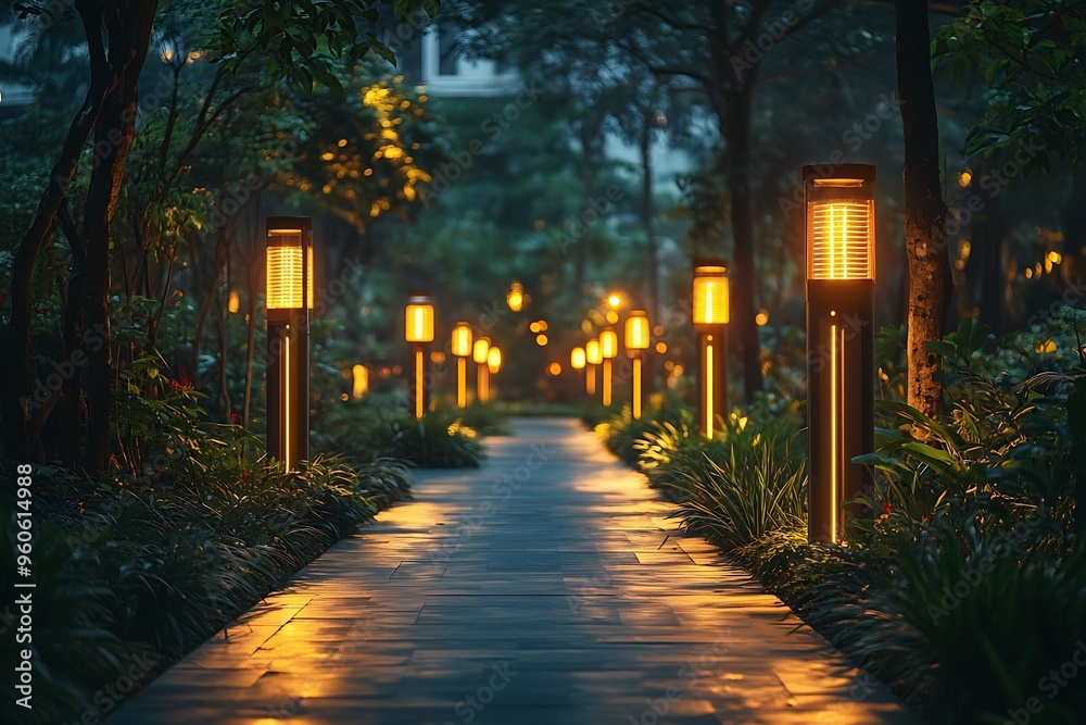 A softly lit city park path at night with modern solar-powered streetlights. A softly lit city park path at night with modern solar-powered streetlights.