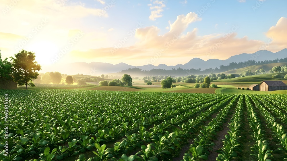 Organic farm, lush green fields with crops, 3D illustration Organic farm, lush green fields with crops, 3D illustration