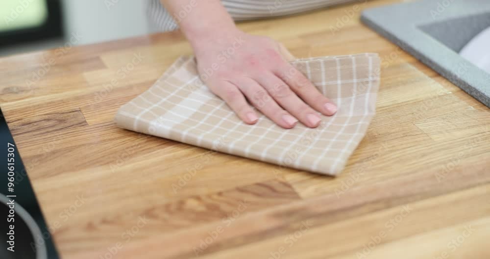 Female hand wipes wooden countertop using soft rag slow motion. Housewife polishes surface maintaining cleanliness after cooking dinner in evening Female hand wipes wooden countertop using soft rag slow motion. Housewife polishes surface maintaining cleanliness after cooking dinner in evening