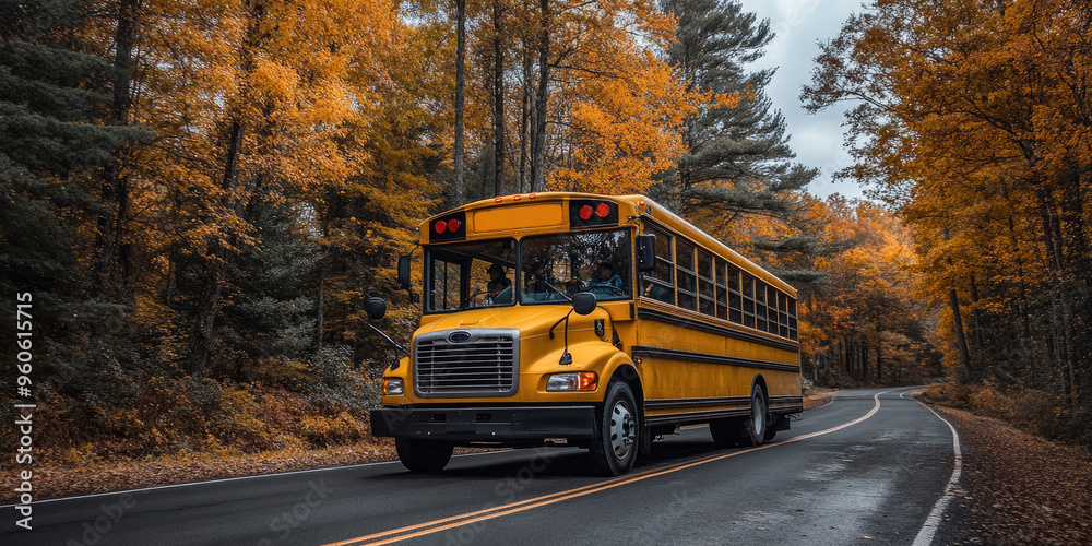 Obraz premium Yellow school bus travels along a winding road through autumn woods in the early morning light