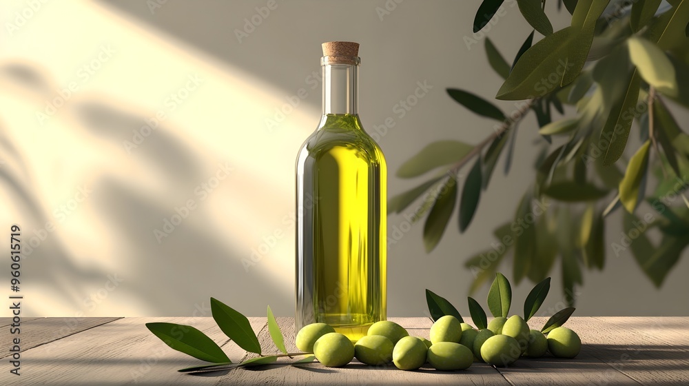 Organic olive oil bottle, with fresh olives and leaves, 3D illustration Organic olive oil bottle, with fresh olives and leaves, 3D illustration