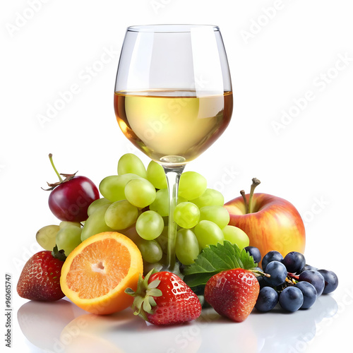a glass of white wine with fruits aside- on a white