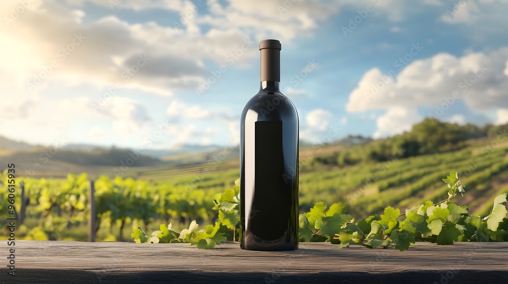 Fototapeta premium Organic wine bottle, with vineyard background, 3D illustration