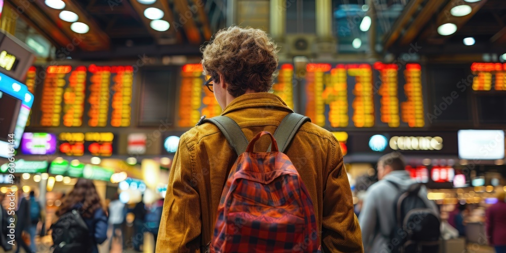 A traveler observes departure screens in a busy train station filled with passengers at dusk A traveler observes departure screens in a busy train station filled with passengers at dusk