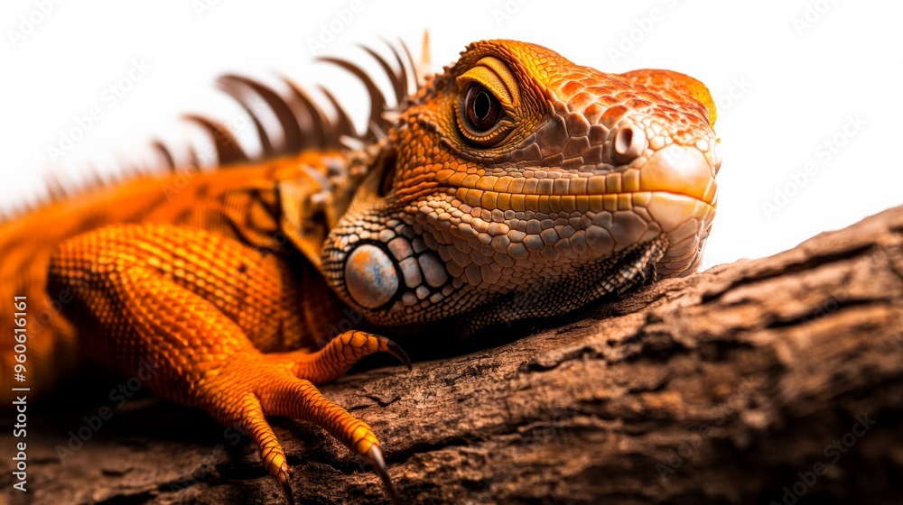 Close-up of a vibrant orange iguana resting on a branch, showcasing intricate details and vivid colors in a natural setting. Close-up of a vibrant orange iguana resting on a branch, showcasing intricate details and vivid colors in a natural setting.