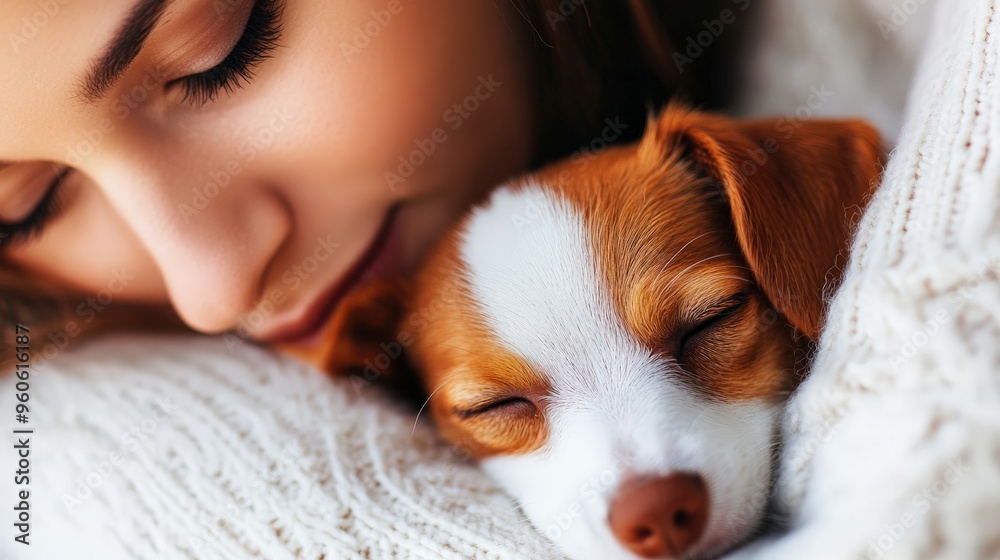 Close-up of a woman cuddling with a sleeping puppy, capturing a moment of affection and tranquility in a cozy setting. Close-up of a woman cuddling with a sleeping puppy, capturing a moment of affection and tranquility in a cozy setting.