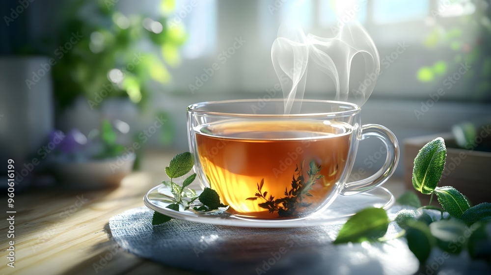 Organic herbal tea, steaming cup with herbs on side, 3D illustration Organic herbal tea, steaming cup with herbs on side, 3D illustration