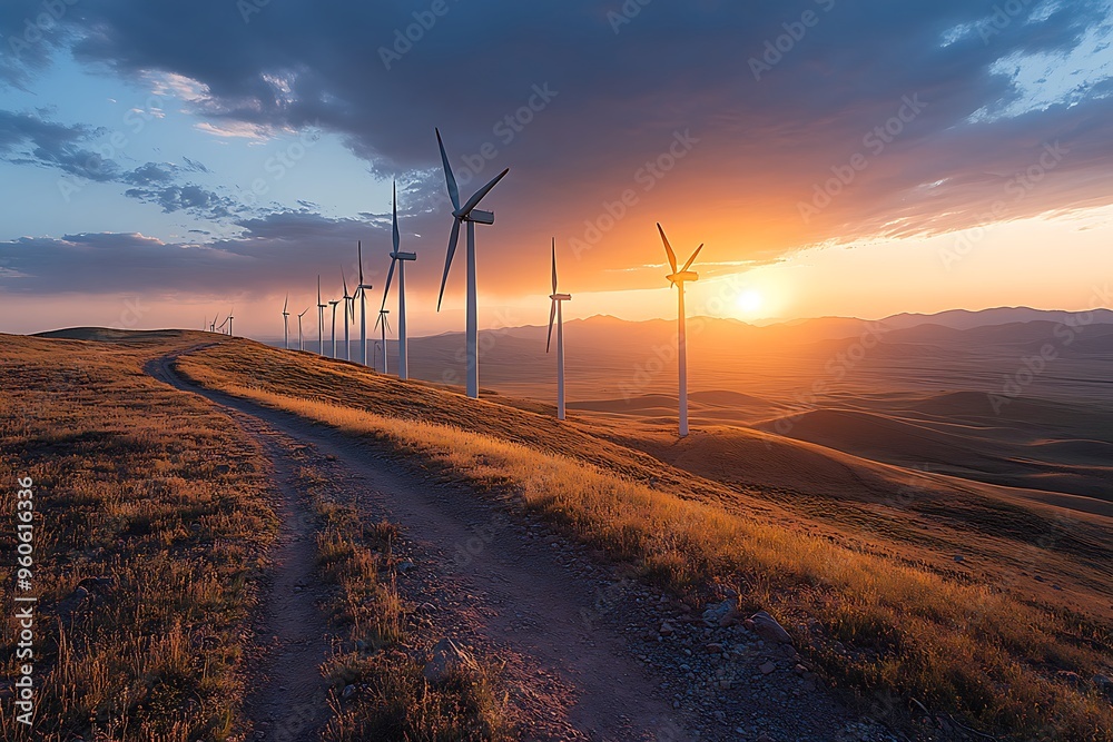 Obraz premium Wind turbines stand tall on a hilltop at sunset, generating clean energy.