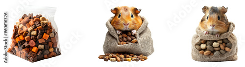 Set, collection of A bag of food for guinea pigs and pet treats isolated on transparent background.