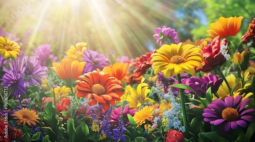 Organic flower garden, vibrant blooms in full array, 3D illustration