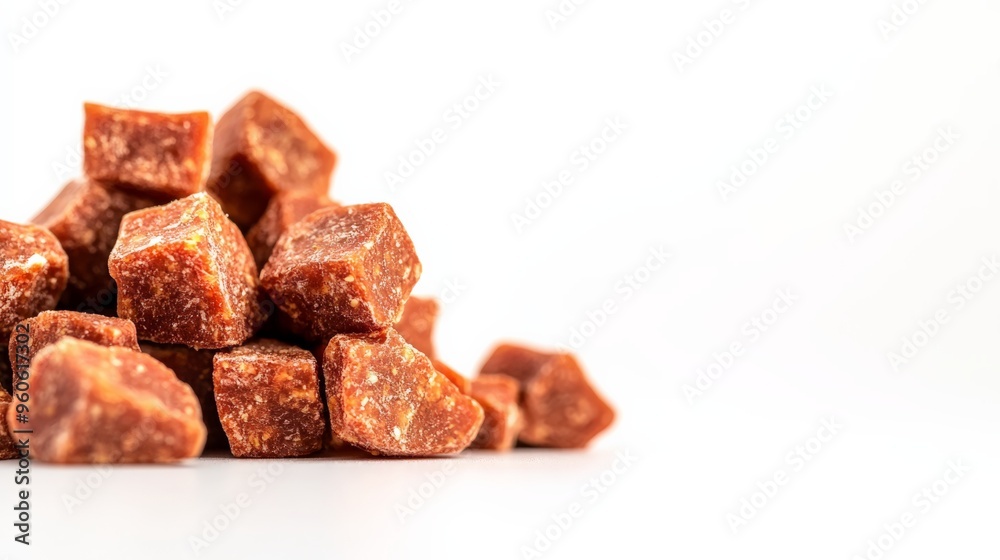 Close-up of jaggery cubes stacked on a white background. Sweet, natural, and organic sugar alternative for cooking and baking. Close-up of jaggery cubes stacked on a white background. Sweet, natural, and organic sugar alternative for cooking and baking.