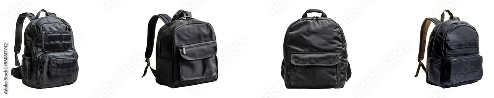 Set, collection of a black backpack with a zippered pocket sitting isolated on transparent background. Set, collection of a black backpack with a zippered pocket sitting isolated on transparent background.