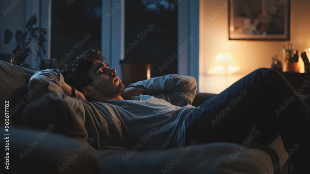 Man lying on a couch, struggling with depression, dim lighting, soft focus Man lying on a couch, struggling with depression, dim lighting, soft focus