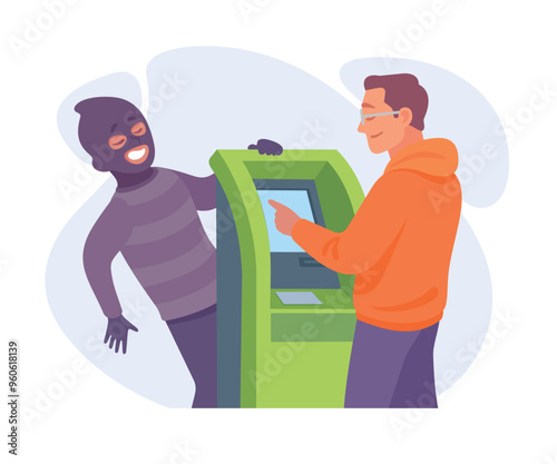 Man Criminal at Bank Terminal Commit Crime and Theft Vector Illustration