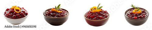 Set, collection of a bowl of cranberry sauce garnished with orange peels isolated on transparent background.