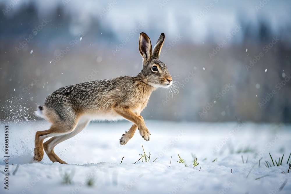 Fototapeta premium A hare runs across a snow-covered field in winter