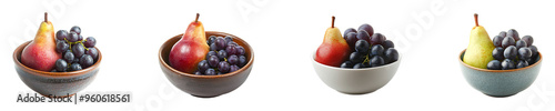 Set, collection of a bowl of fruit containing a pear and grapes isolated on transparent background.